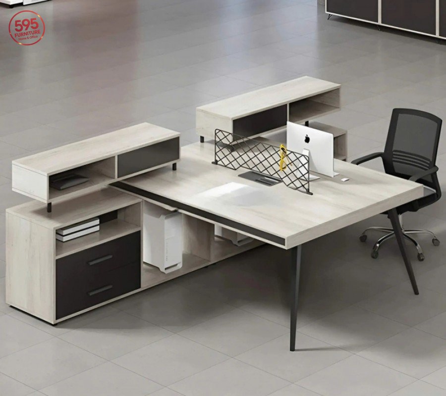 CỤM HAI NHÂN VIÊN NGỒI CHÂN MẶT TINH TẾ KẾT HỢP KỆ SÁCH CHÂN SẮT HIỆN ĐẠI-CUM2NV595-05